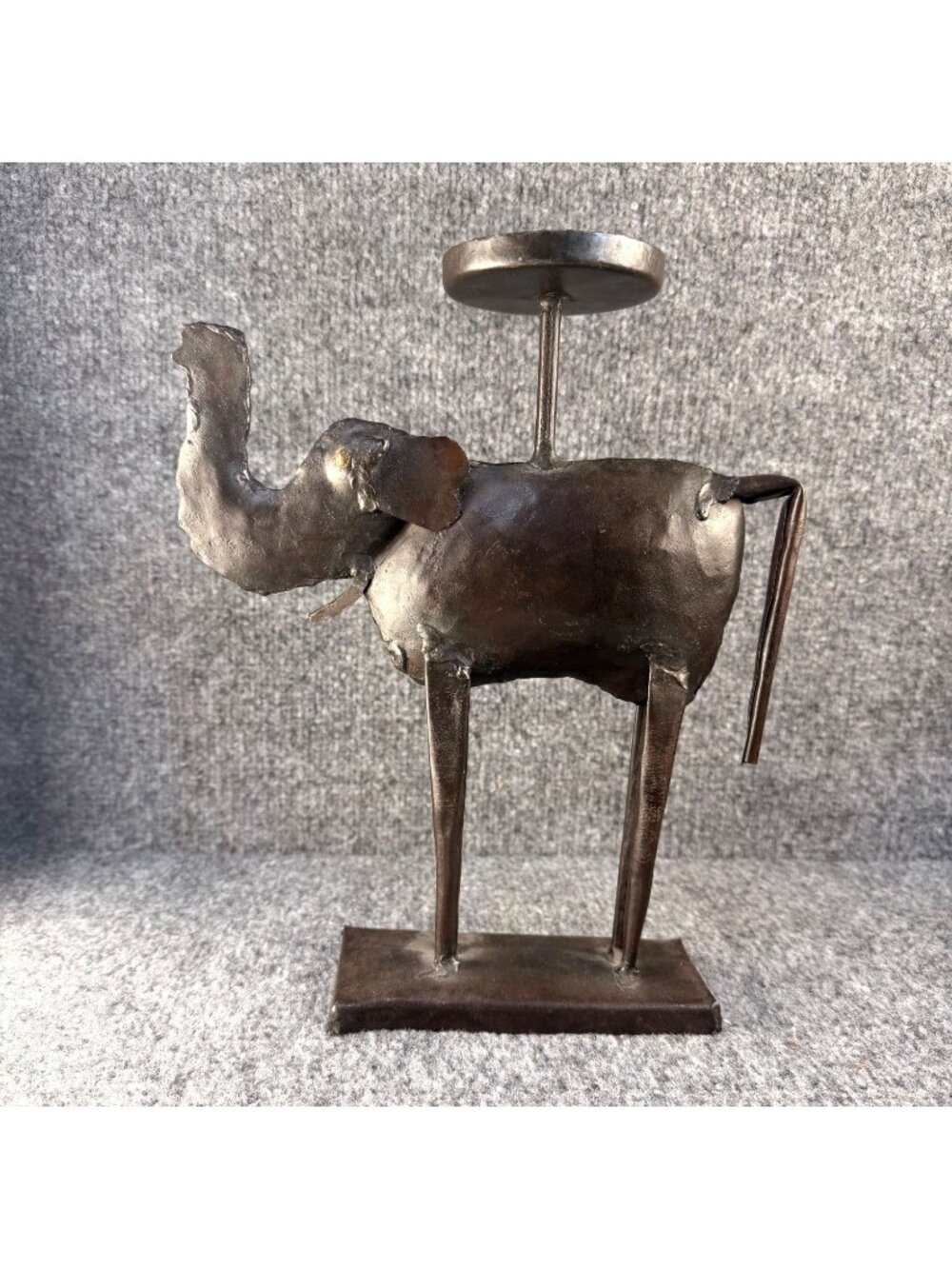 Vintage Pier 1 Metal Elephant Candle Holder Primitive Rustic Brutalist Tin 12" (
